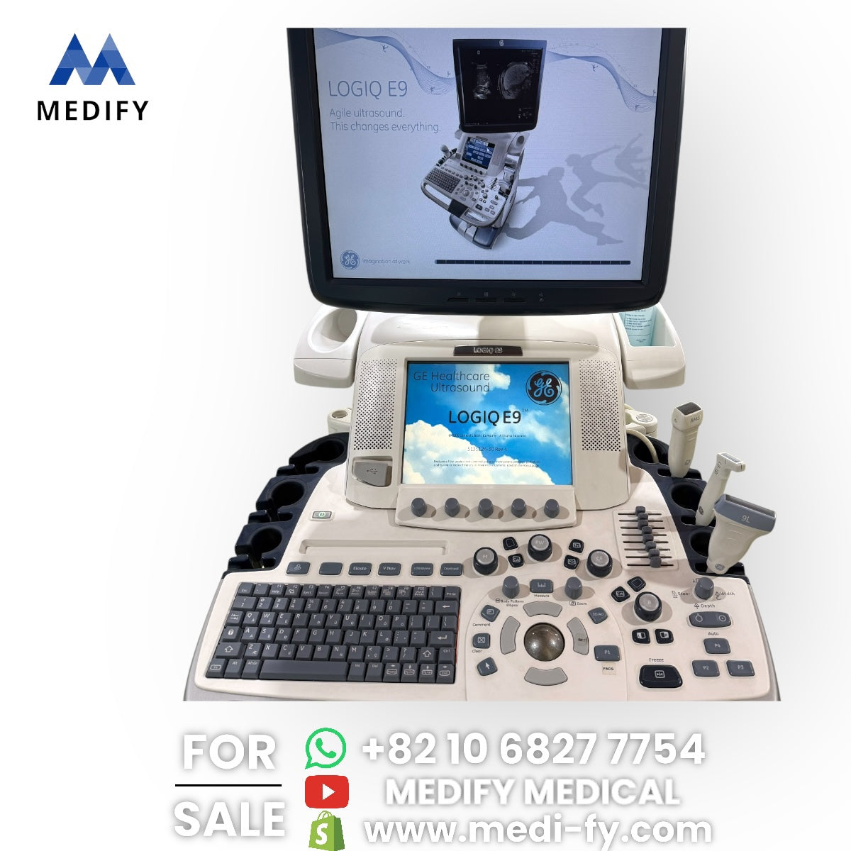 GE Logiq E9 Ultrasound System & 3Probes ( L8-18i, 9L, M4S) 3D/4D Software