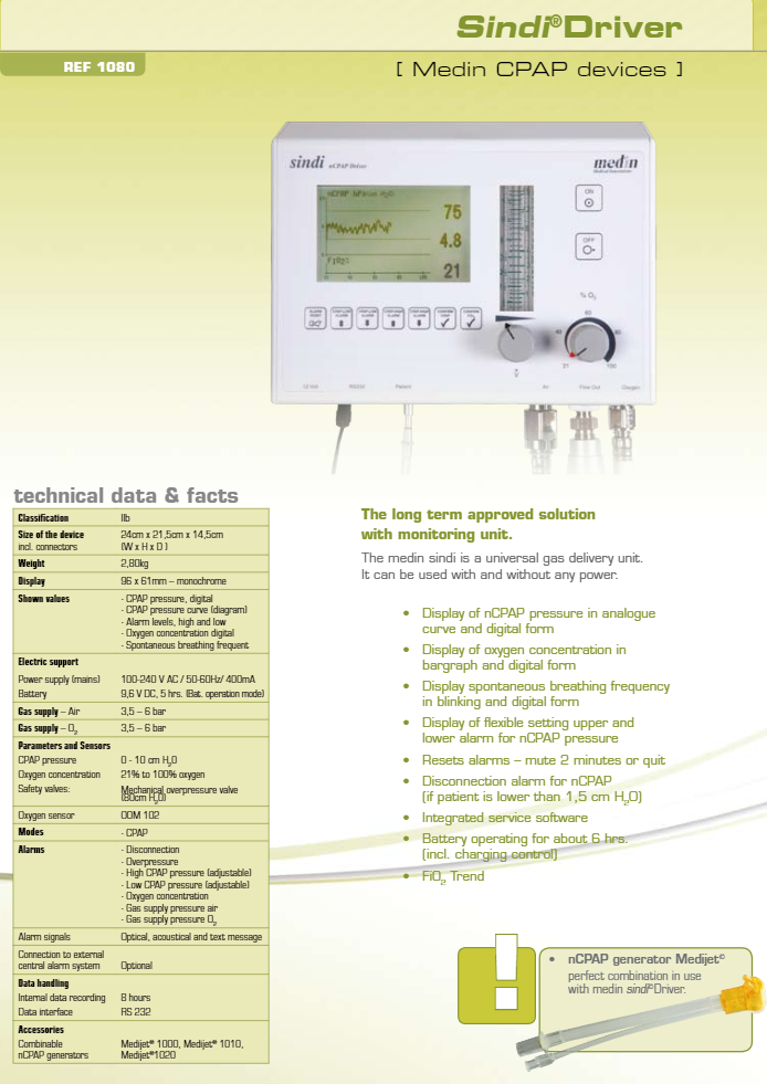 Medin Sindi 1080 nCPAP Driver & 3 Hose - Universal Gas Delivery Unit